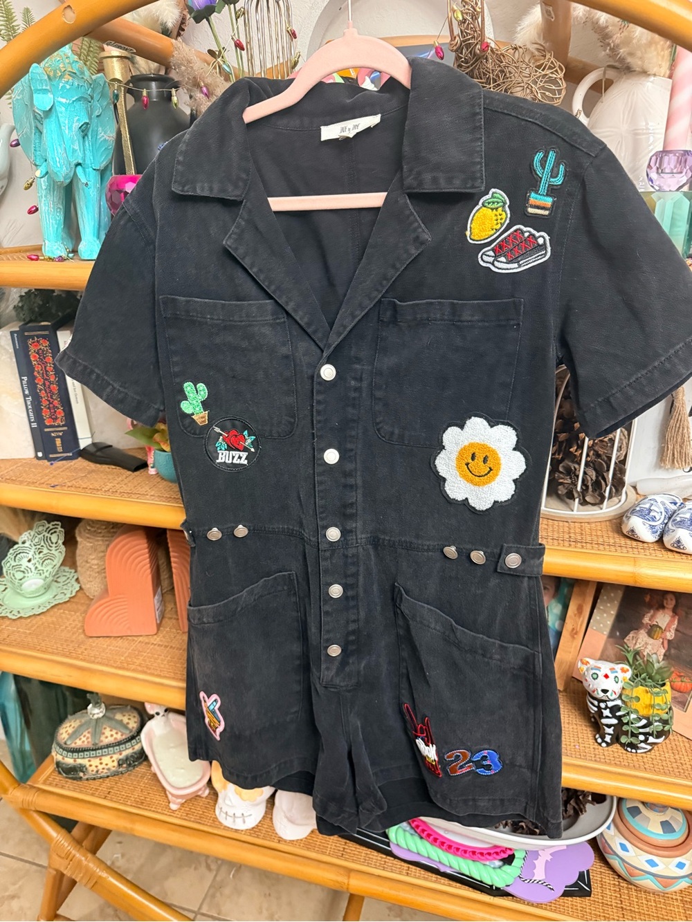 Woven Short Sleeve Patchwork Romper - Black